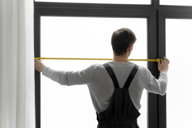 Técnico profesional tomando medidas precisas en obra para la fabricación de ventanas de aluminio a medida.