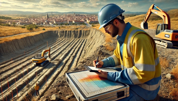 Hombre con casco, anotando datos en un plano, en un sitio de construcción al aire libre.