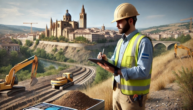 Hombre con casco y chaleco de seguridad, revisando planos en un sitio de construcción.